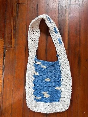 Handmade Recycled Plastic shopping bag White and Blue Shoulder Bag